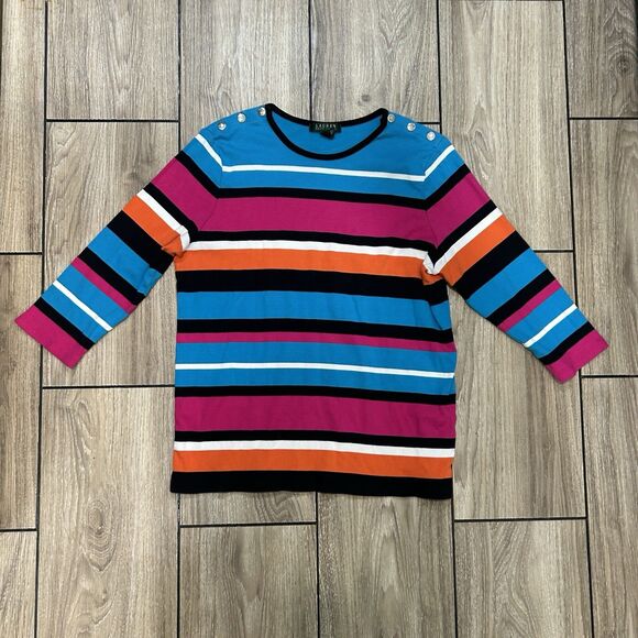 Lauren Ralph Lauren Womens Top 2X Color Block Snap Shoulder Long Sleeve Colorful - Picture 1 of 9